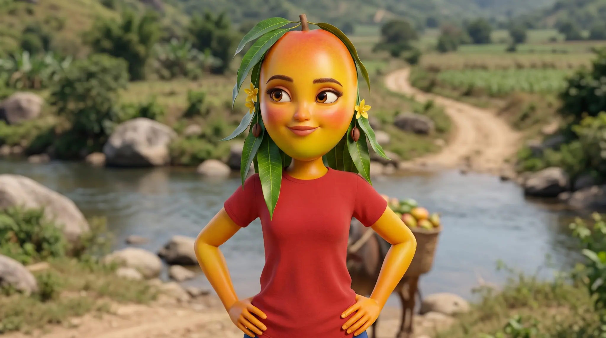 Stylized fictional character Rosalineda, with a mango-inspired face and green leaf-like hair, standing beside a rural river and dirt path.