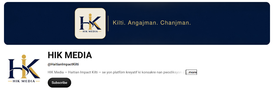 HIK Media YouTube channel header showing the navy-and-gold banner, channel logo, channel name, and handle @HaitianImpactKilti.
