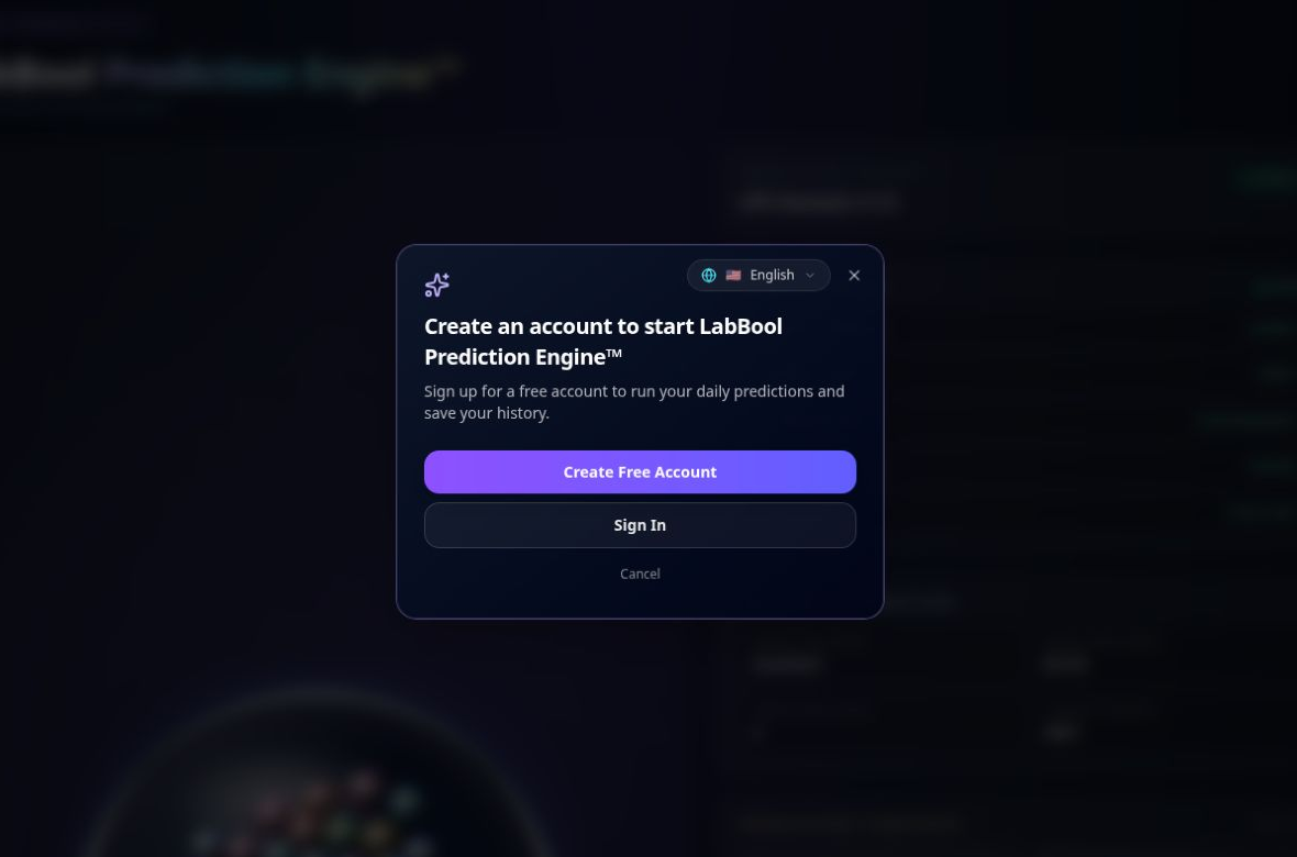 LabBool account prompt offering Create Free Account, Sign In, and Cancel before starting the prediction engine.