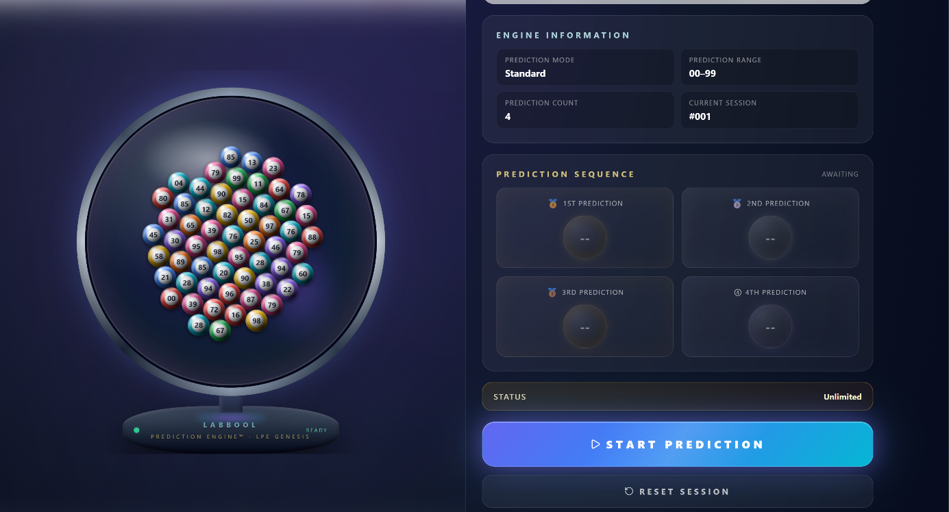 LabBool LPE Genesis interface showing a circular chamber filled with numbered balls beside engine information and four empty prediction positions marked Awaiting.
