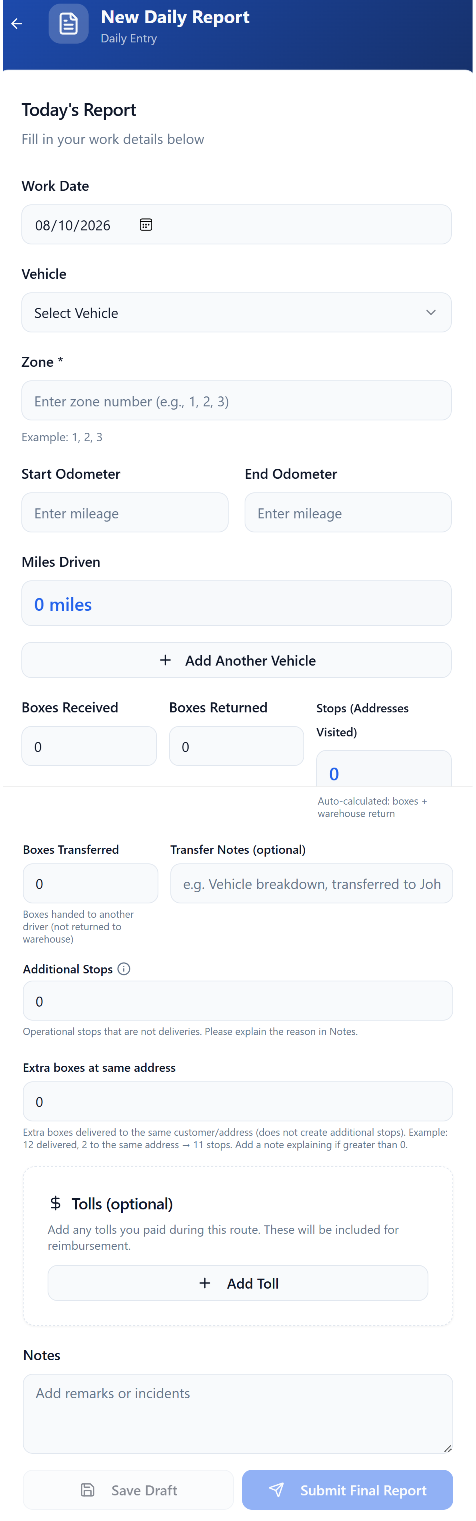Med-DayLivery daily report interface showing vehicle, mileage, box, stop, transfer, toll, note, draft, and final-submission fields.