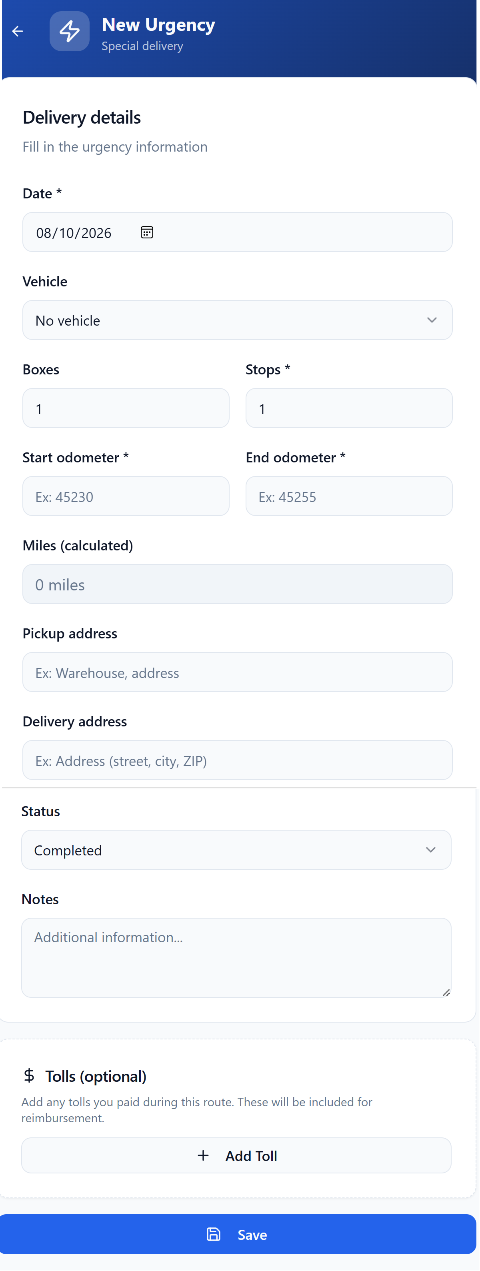 Med-DayLivery special-delivery form showing date, vehicle, box and stop counts, odometer fields, addresses, status, notes, tolls, and save controls.