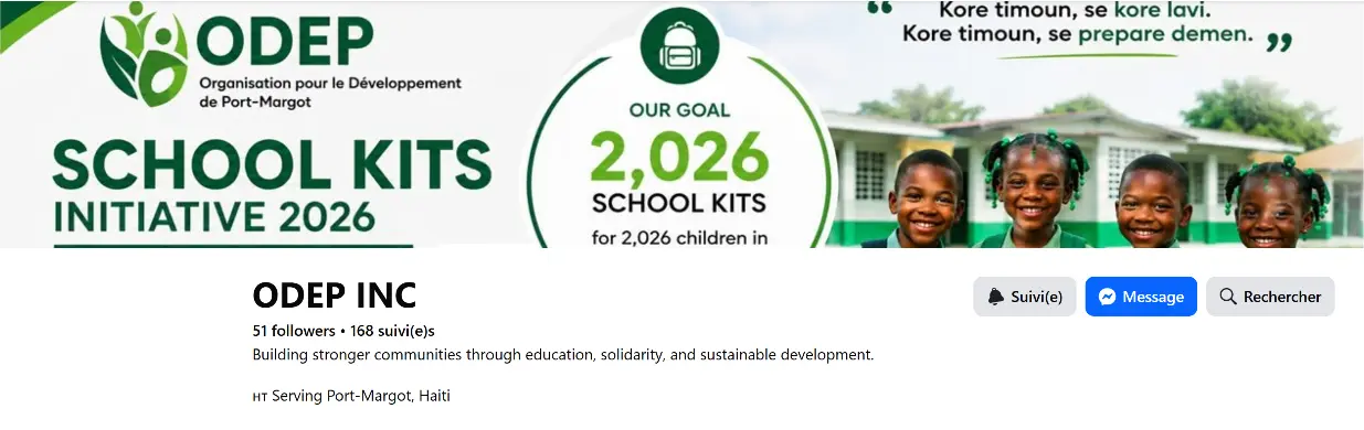 ODEP Facebook page header showing the School Kits Initiative campaign cover and the ODEP INC public page identity.