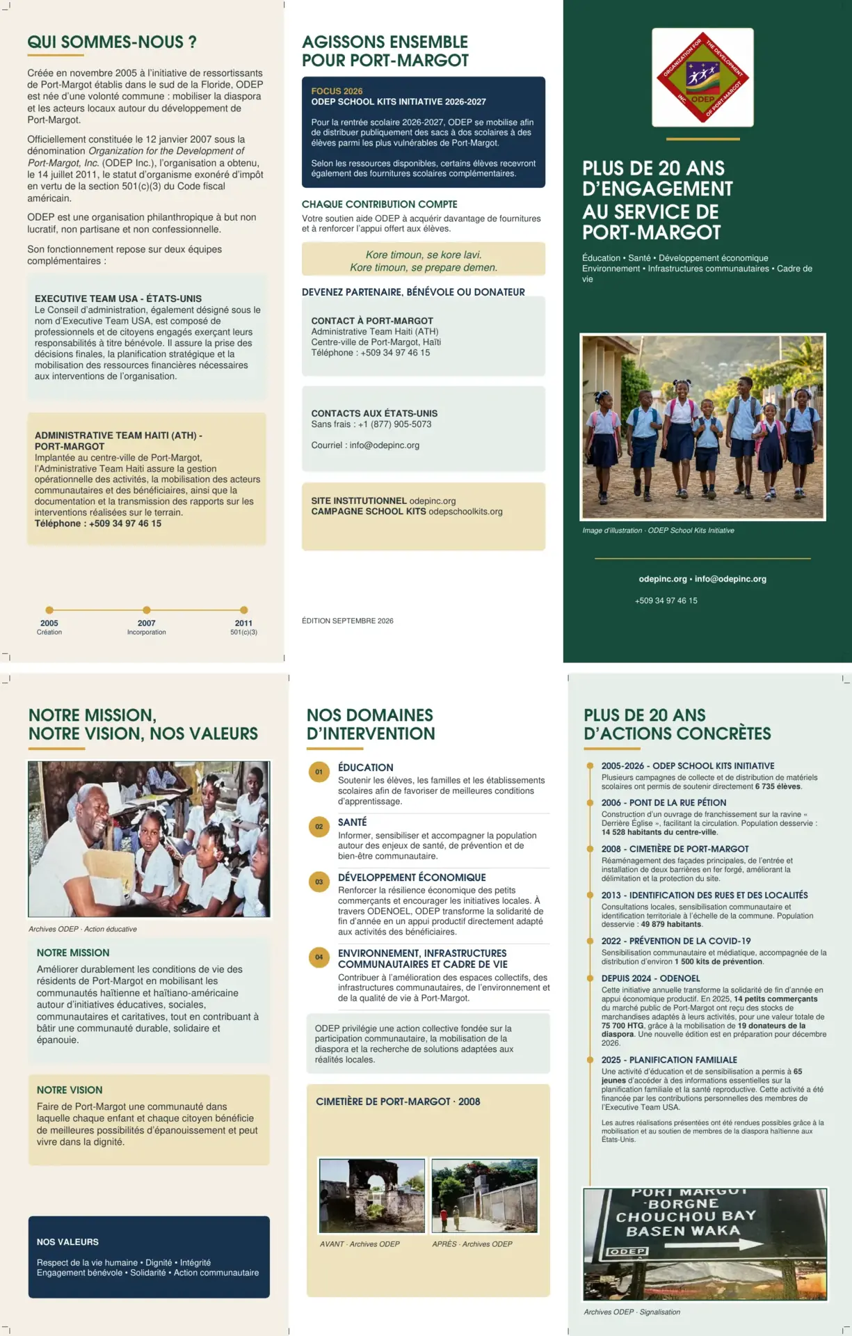 Front and reverse sides of ODEP’s September 2026 French tri-fold institutional brochure, including mission, governance, intervention areas, past initiatives, and School Kits campaign information.