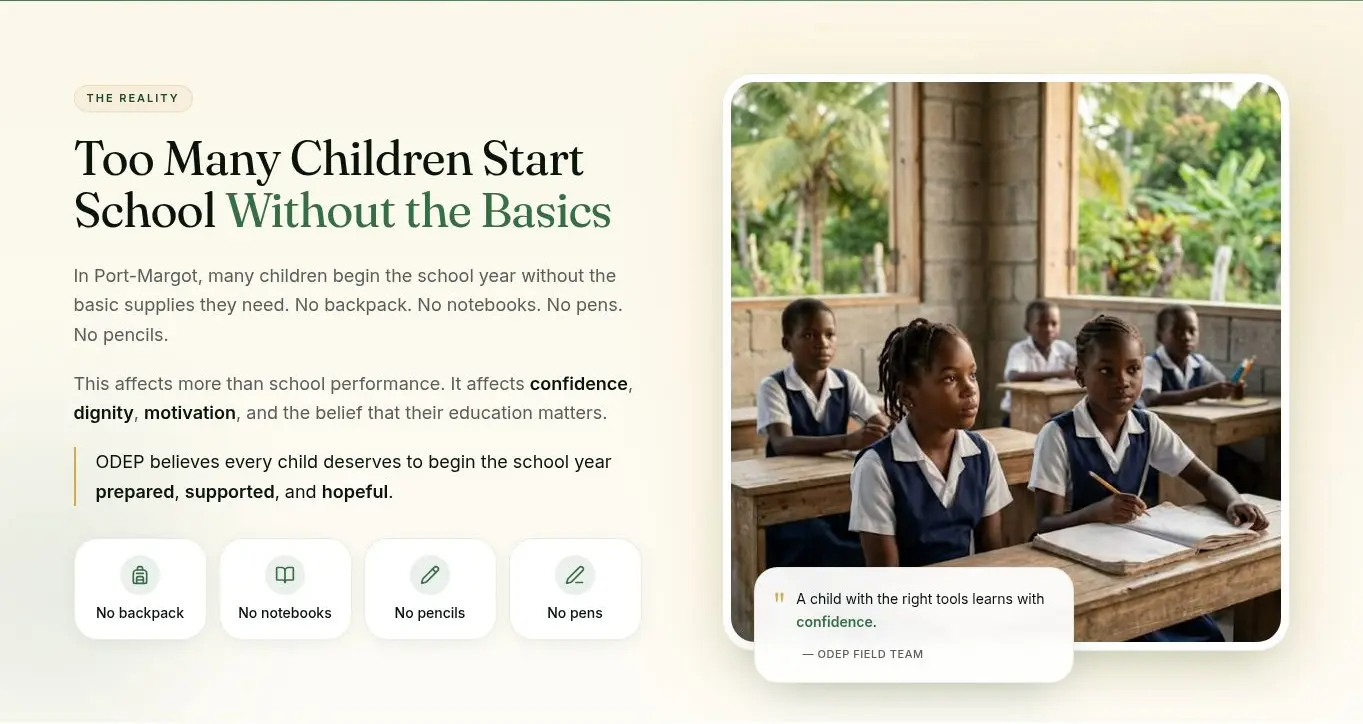 ODEP School Kits campaign landing page section explaining how missing school supplies affect confidence, dignity, motivation, and readiness to learn.
