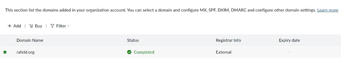 Zoho Mail domain administration showing rafeld.org with completed configuration status.