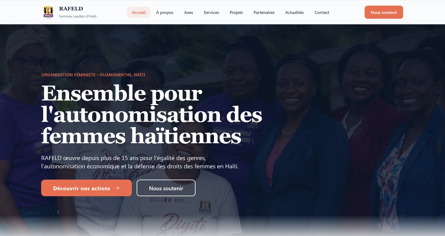 RAFELD website homepage featuring the organization’s mission, team imagery, navigation, and public-action links.